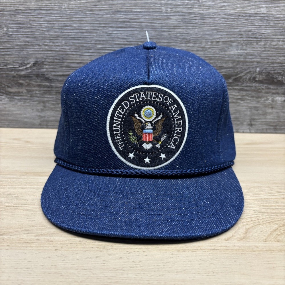 Vintage United States Of America Hat Cap Snap Back Blue Denim Trucker Mens 80s